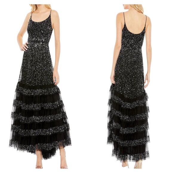 Mac Duggal 10883 Black Sequin Tiered Ruffle Gown NWT Size 14